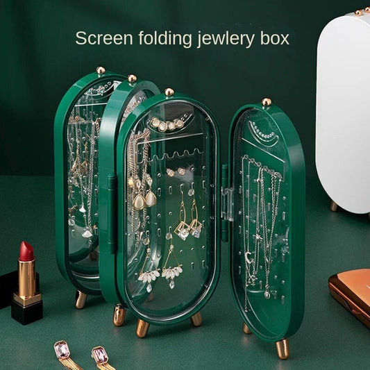 Foldable Jewelry Organizer With Mirror Ear Rings & Necklace_ Hanging Holder Jewelry Box Vanity Hanger Stand